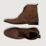 Men's Duster Brogues Derby Oil Pull-up Brown Leather Boots - Lateral Side Profile View Showing Sleeve Cut & Athletic Taper Fit