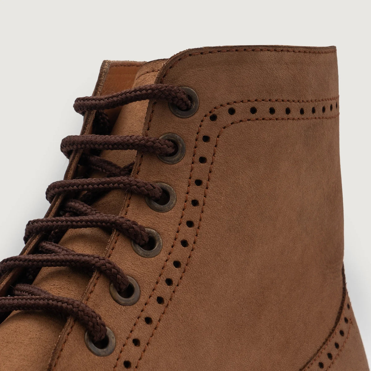 Close-Up Detail of Classic Collar & Heavy-Duty Zipper Hardware on Duster Brogues Derby Brown Nubuck Leather Boots For Men