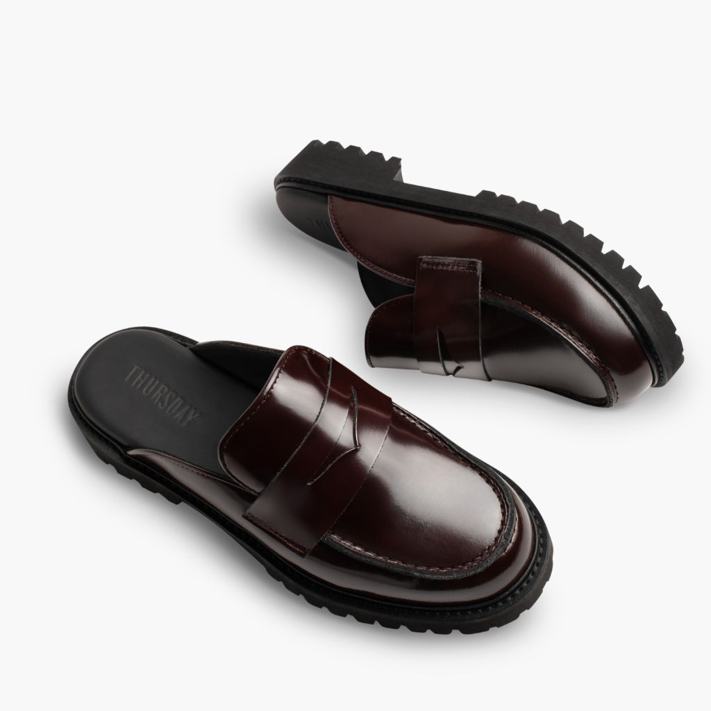 High-Traction Rubber Outsole & Lug Tread Pattern on Women's Penny Mule Burgundy Leather Boots