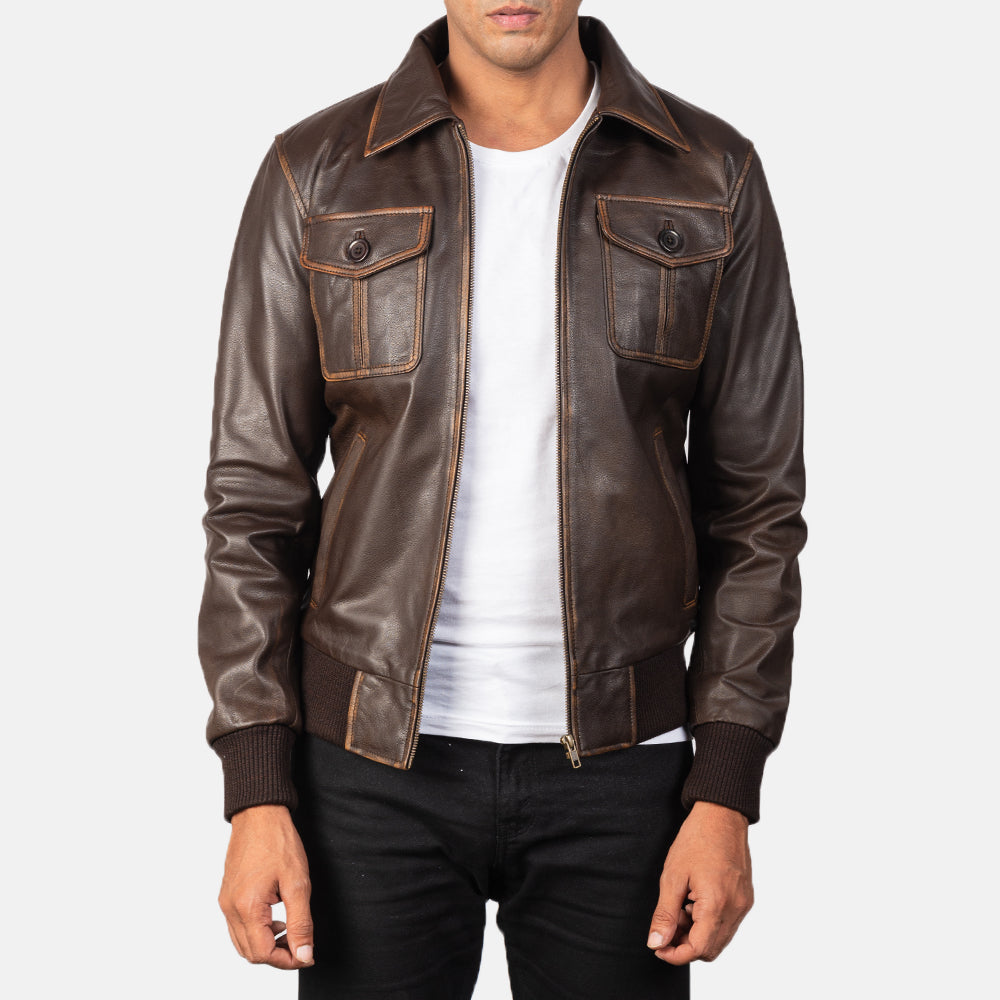 
Men's Aaron Distressed Brown Leather Bomber Jacket in Brown Goatskin Leather - Front Profile View & Tailored Silhouette | Buy Online