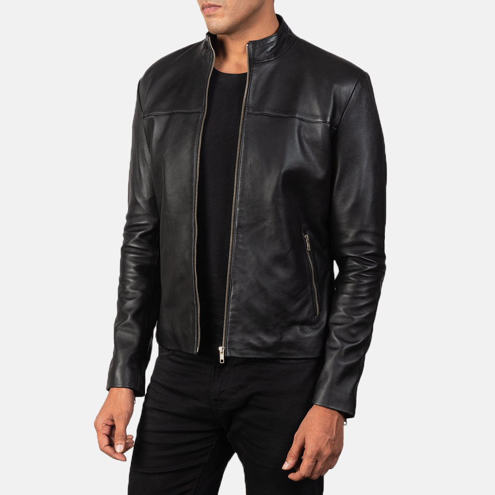 
Black Sheepskin Leather Biker Jacket - Back View Showing Tailored Shoulder Fit & Clean Hemline