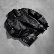 
Styled Fit Perspective of Men's Air Rolf Black Leather Bomber Jacket on Model - Natural Daylight Drape