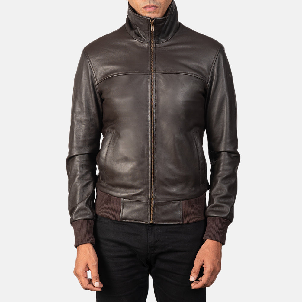 
Men's Air Rolf Mocha Brown Leather Bomber Jacket - Lateral Side Profile View Showing Sleeve Cut & Athletic Taper Fit