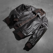 
Rib Knit & Hem Craftsmanship Construction Detail on Men's Air Rolf Mocha Brown Leather Bomber Jacket