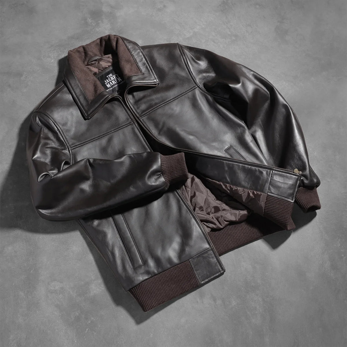
Styled Fit Perspective of Men's Air Rolf Mocha Brown Leather Bomber Jacket on Model - Natural Daylight Drape