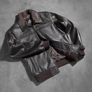 
Styled Fit Perspective of Men's Air Rolf Mocha Brown Leather Bomber Jacket on Model - Natural Daylight Drape