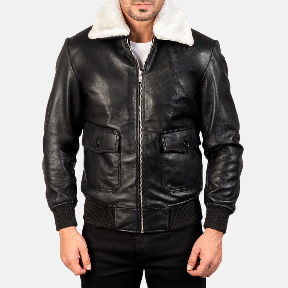 
Close-Up Detail of Shirt with Removable Fur & Zipper Hardware on Men's Airin G-1 Black & White Leather Bomber Jacket