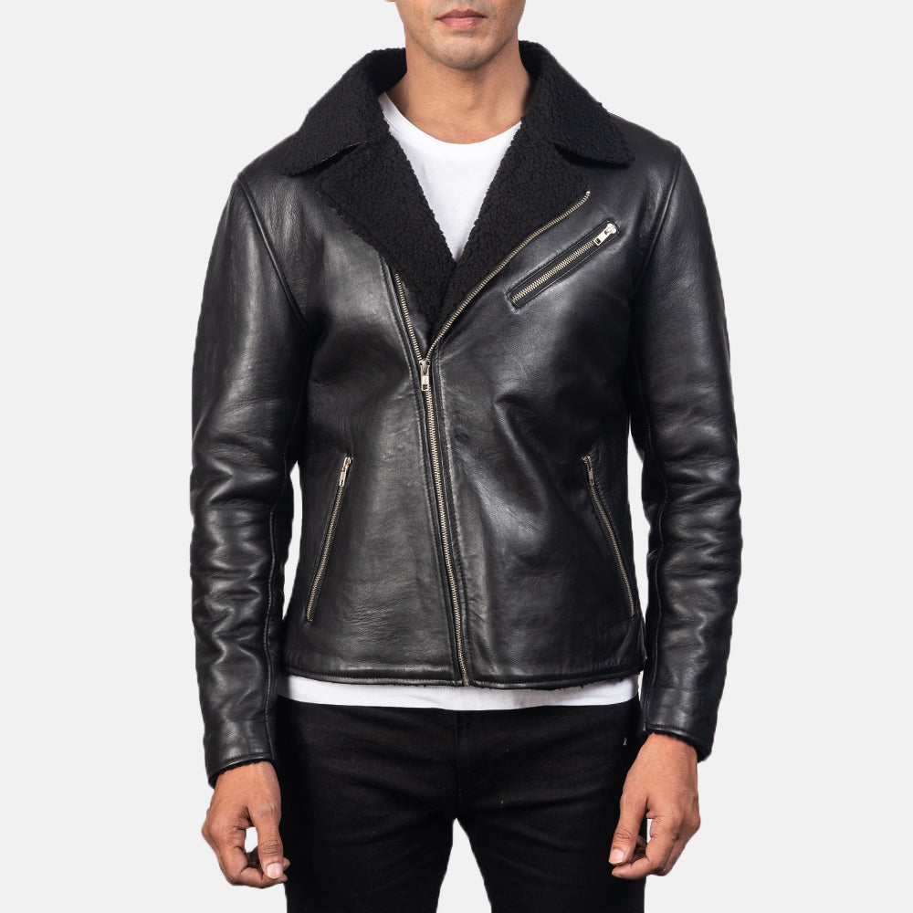 
Men's Alberto Shearling Black Leather Jacket - Lateral Side Profile View Showing Sleeve Cut & Athletic Taper Fit
