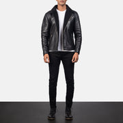 
Close-Up Detail of Notch & Zipper Hardware on Men's Alberto Shearling Black Leather Jacket
