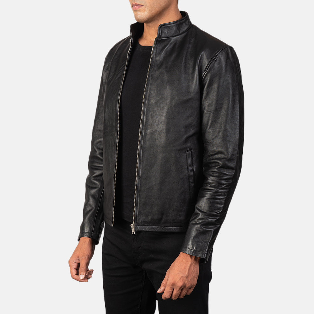 
Black Cowhide Leather Biker Jacket - Back View Showing Tailored Shoulder Fit & Clean Hemline