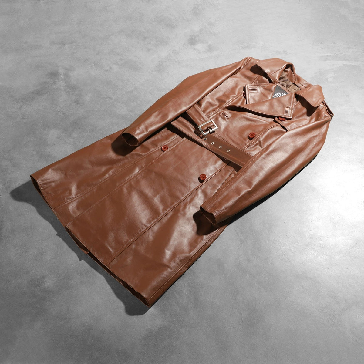 
Styled Fit Perspective of Women's Alice Brown Double Breasted Leather Coat on Model - Natural Daylight Drape