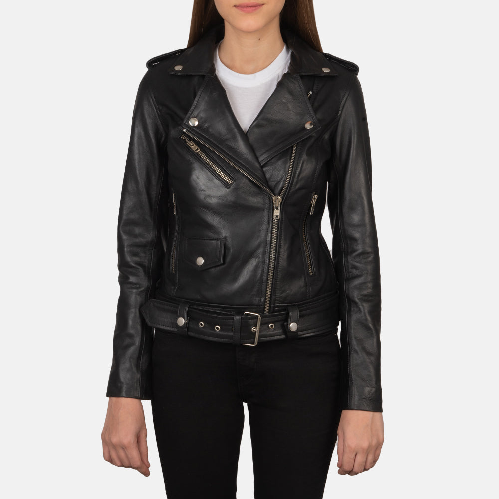 
Women's Alison Black Leather Biker Jacket in Black Cowhide Leather - Front Profile View & Tailored Silhouette | Buy Online