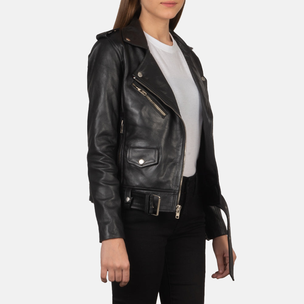 
Black Cowhide Leather Biker Jacket - Back View Showing Tailored Shoulder Fit & Clean Hemline