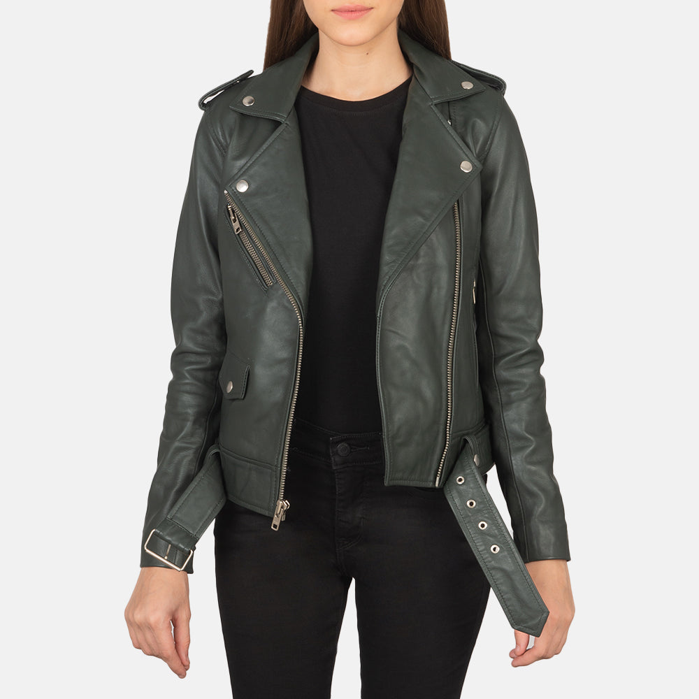 
Women's Alison Green Leather Biker Jacket in Green Sheepskin Leather - Front Profile View & Tailored Silhouette | Buy Online