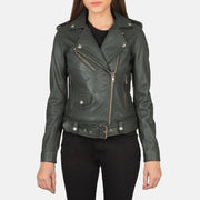 
Close-Up Detail of Notch & Zipper Hardware on Women's Alison Green Leather Biker Jacket