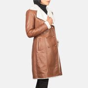 
Women's Amie Brown Double Breasted Shearling Coat - Lateral Side Profile View Showing Sleeve Cut & Athletic Taper Fit