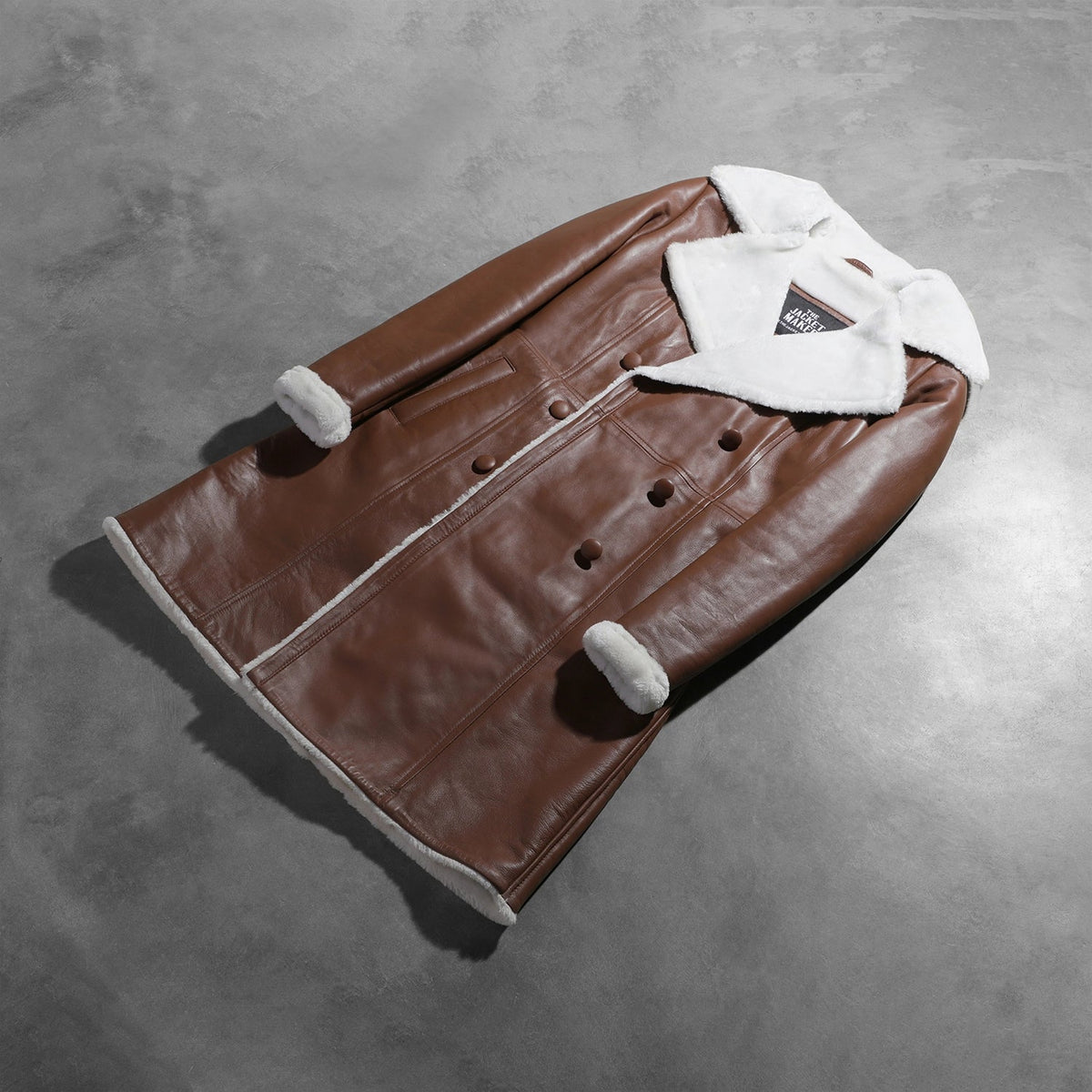 
Styled Fit Perspective of Women's Amie Brown Double Breasted Shearling Coat on Model - Natural Daylight Drape