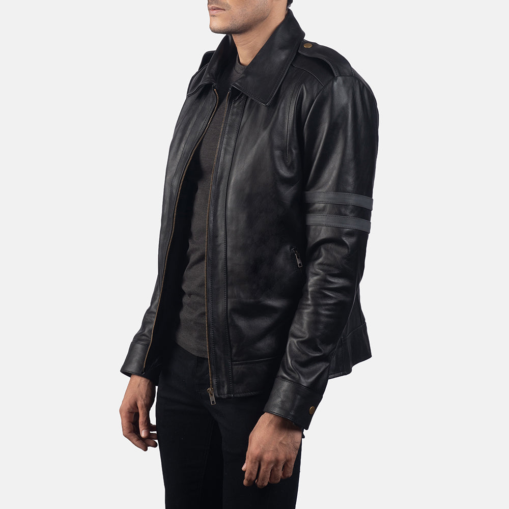 
Black Cowhide Leather Biker Jacket - Back View Showing Tailored Shoulder Fit & Clean Hemline