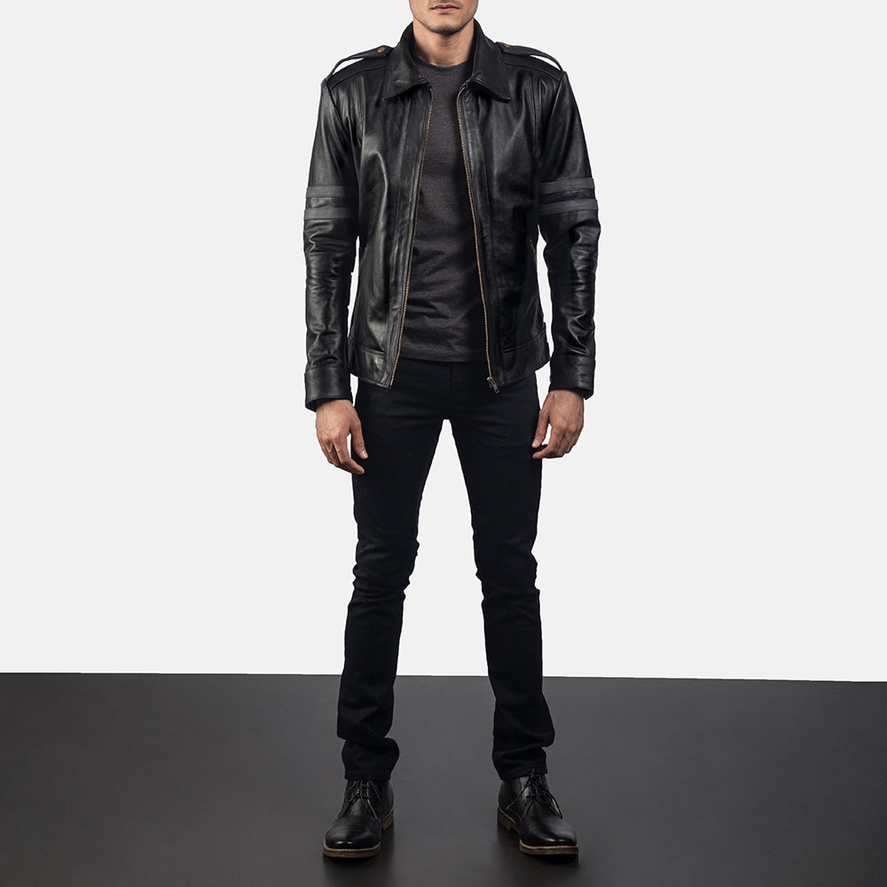 
Armstrong Black Leather Biker Jacket - Lateral Side Profile View Showing Sleeve Cut & Athletic Taper Fit