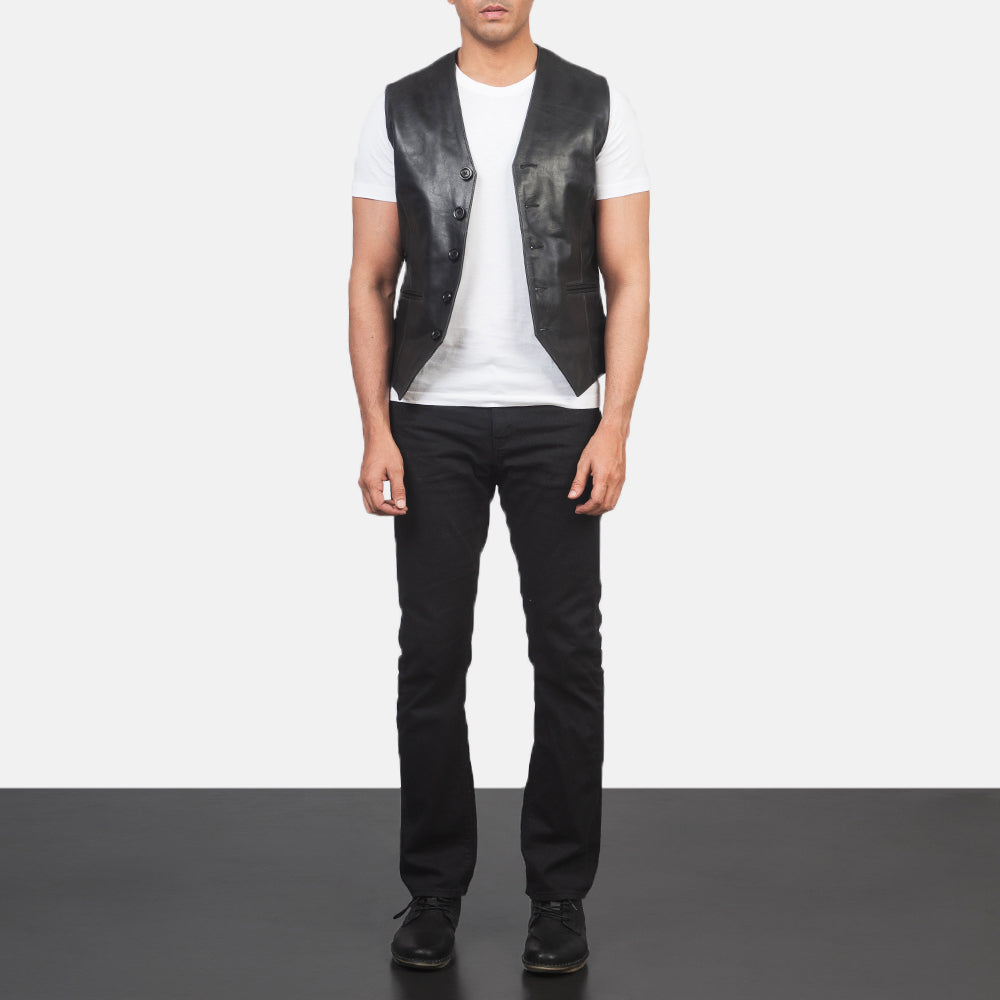 
Men's Auden Black Leather Vest - Lateral Side Profile View Showing Sleeve Cut & Athletic Taper Fit