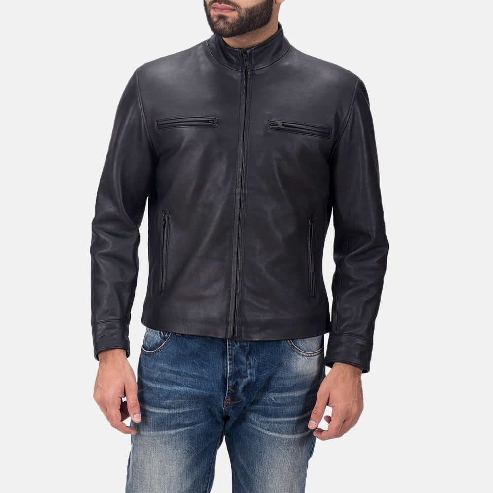 
Austere Matte Black Leather Biker Jacket in Black Calfskin Matte - Front Profile View & Tailored Silhouette | Buy Online