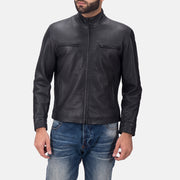
Austere Matte Black Leather Biker Jacket in Black Calfskin Matte - Front Profile View & Tailored Silhouette | Buy Online