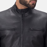 
Close-Up Detail of High neck & Zipper Hardware on Austere Matte Black Leather Biker Jacket