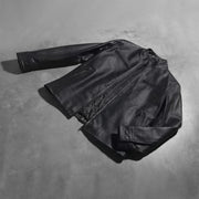 
Button & Hem Craftsmanship Construction Detail on Austere Matte Black Leather Biker Jacket