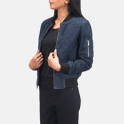 
Blue Sheepskin Suede Bomber Jacket - Back View Showing Tailored Shoulder Fit & Clean Hemline