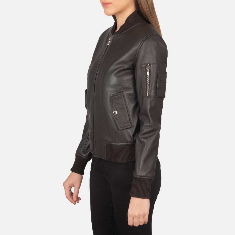 
Brown Sheepskin Leather Bomber Jacket - Back View Showing Tailored Shoulder Fit & Clean Hemline