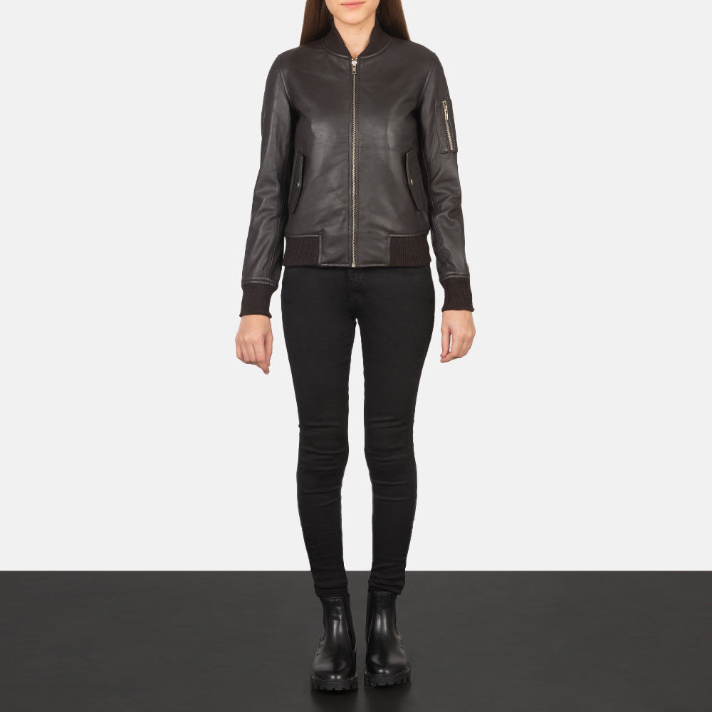 
Women's Ava Ma-1 Brown Leather Bomber Jacket - Lateral Side Profile View Showing Sleeve Cut & Athletic Taper Fit
