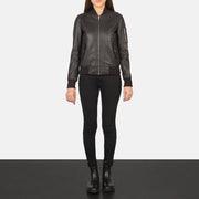 
Women's Ava Ma-1 Brown Leather Bomber Jacket - Lateral Side Profile View Showing Sleeve Cut & Athletic Taper Fit