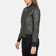 
Green Sheepskin Leather Bomber Jacket - Back View Showing Tailored Shoulder Fit & Clean Hemline