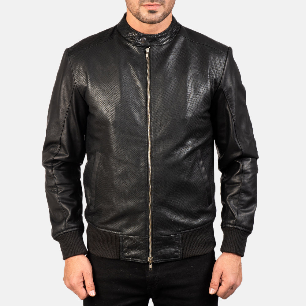
Close-Up Detail of Band with Snap Button & Zipper with Dual Puller Hardware on Avan Black Leather Bomber Jacket