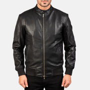 
Close-Up Detail of Band with Snap Button & Zipper with Dual Puller Hardware on Avan Black Leather Bomber Jacket