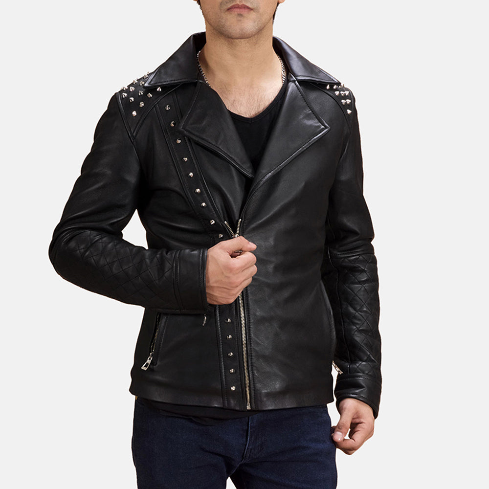 
Men's Black Studded Leather Biker Jacket in Black Sheepskin Leather - Front Profile View & Tailored Silhouette | Buy Online