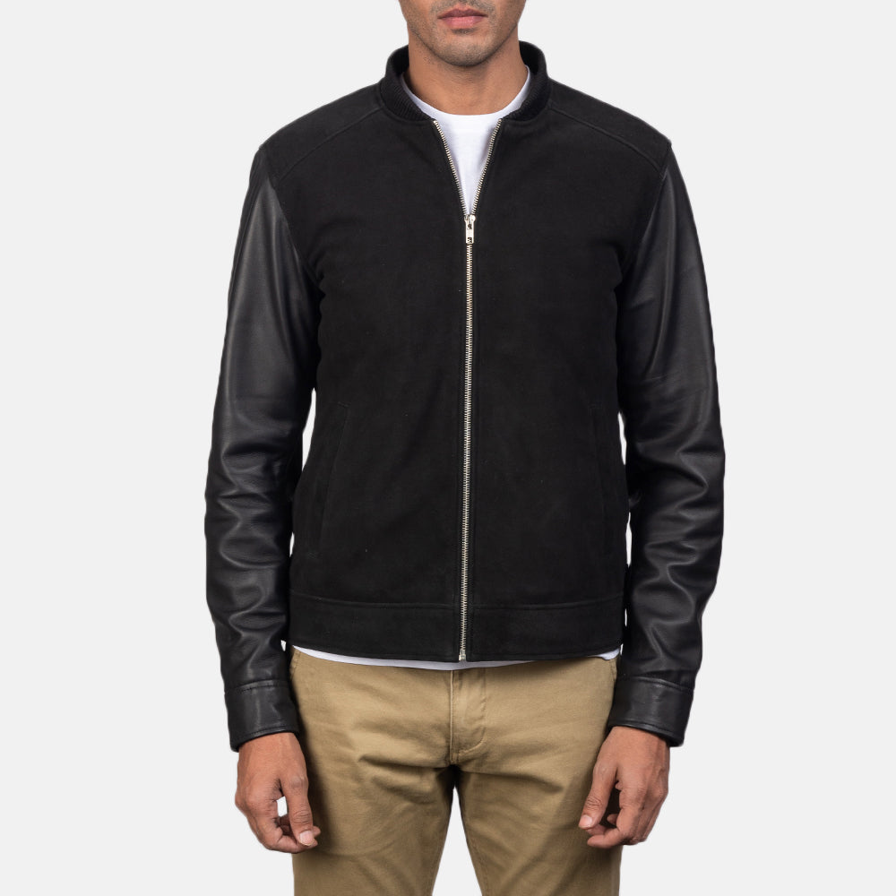 
Men's Blain Brown Suede Bomber Jacket - Lateral Side Profile View Showing Sleeve Cut & Athletic Taper Fit