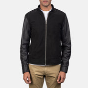 
Men's Blain Brown Suede Bomber Jacket - Lateral Side Profile View Showing Sleeve Cut & Athletic Taper Fit