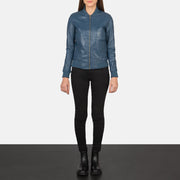 
Women's Bliss Blue Leather Bomber Jacket - Lateral Side Profile View Showing Sleeve Cut & Athletic Taper Fit
