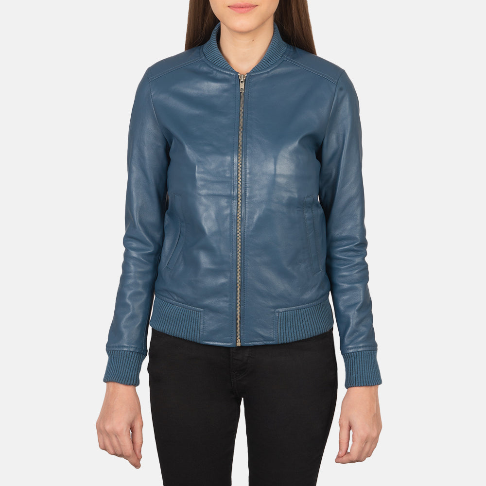 
Close-Up Detail of Varsity - Rib Knit & Zipper with Wind Flap Hardware on Women's Bliss Blue Leather Bomber Jacket