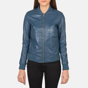 
Close-Up Detail of Varsity - Rib Knit & Zipper with Wind Flap Hardware on Women's Bliss Blue Leather Bomber Jacket