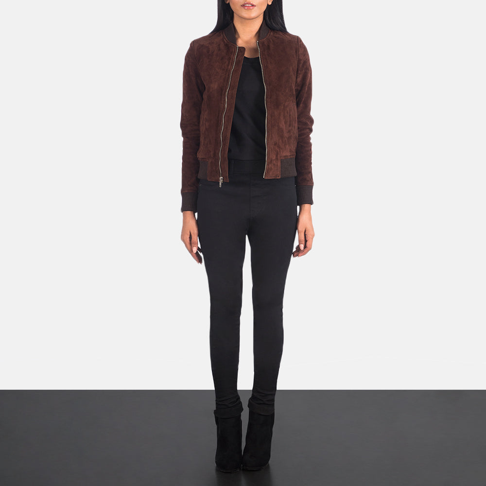 
Women's Bliss Brown Suede Bomber Jacket - Lateral Side Profile View Showing Sleeve Cut & Athletic Taper Fit