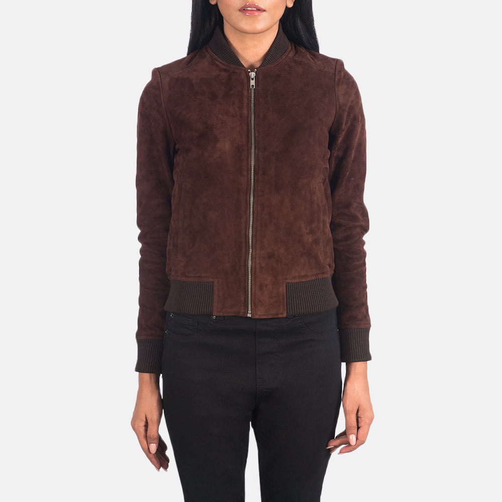 
Close-Up Detail of Varsity - Rib Knit & Zipper with Wind Flap Hardware on Women's Bliss Brown Suede Bomber Jacket