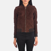 
Close-Up Detail of Varsity - Rib Knit & Zipper with Wind Flap Hardware on Women's Bliss Brown Suede Bomber Jacket