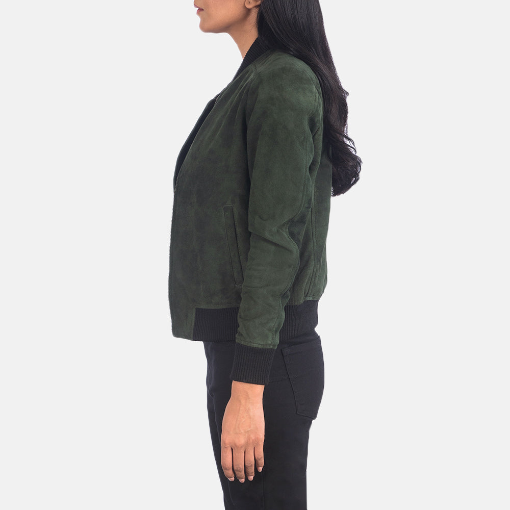 
Green Goatskin Suede Bomber Jacket - Back View Showing Tailored Shoulder Fit & Clean Hemline