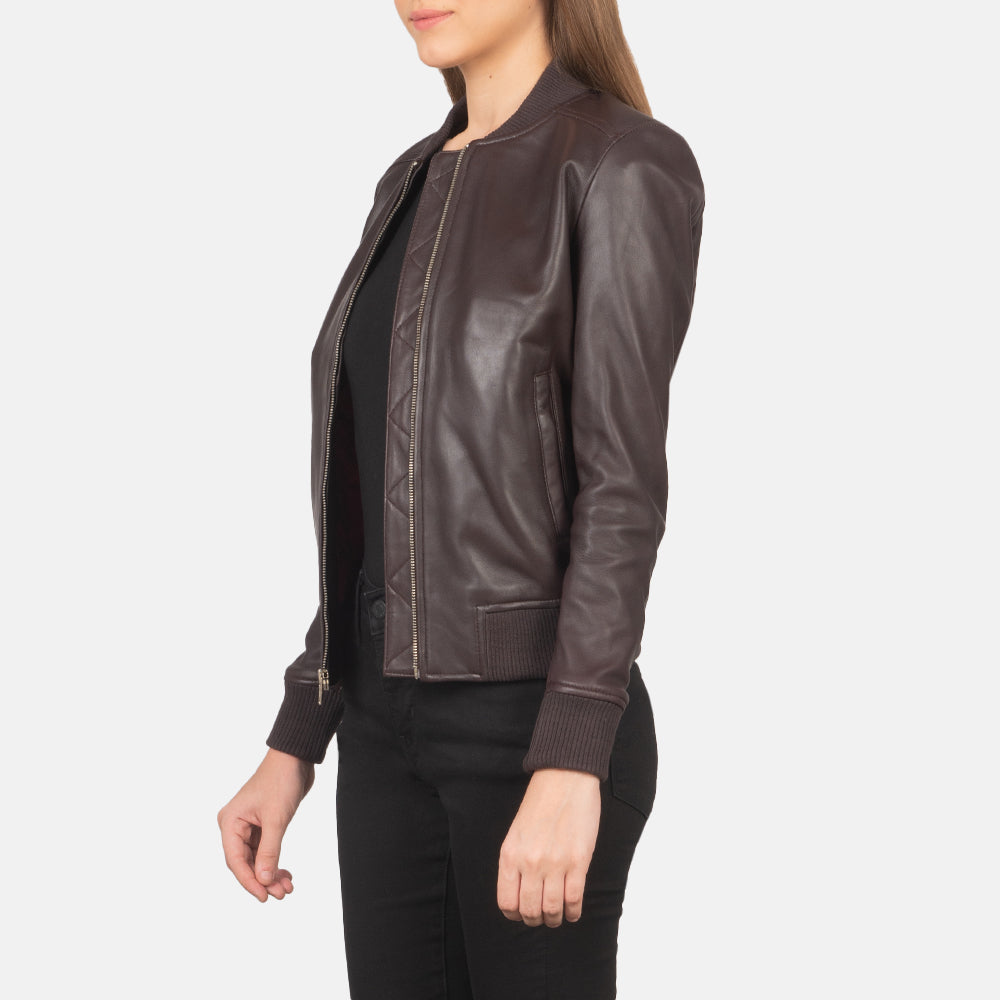 
Maroon Sheepskin Leather Bomber Jacket - Back View Showing Tailored Shoulder Fit & Clean Hemline