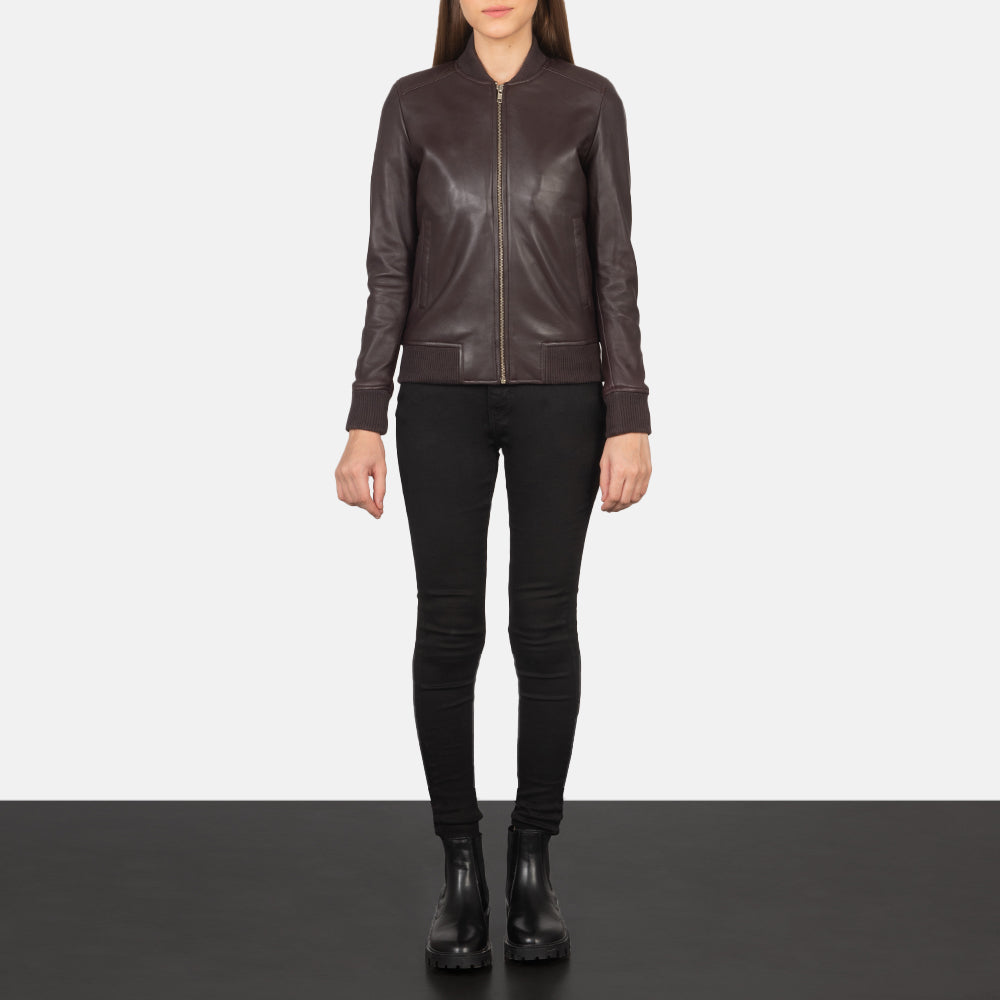 
Women's Bliss Maroon Leather Bomber Jacket - Lateral Side Profile View Showing Sleeve Cut & Athletic Taper Fit