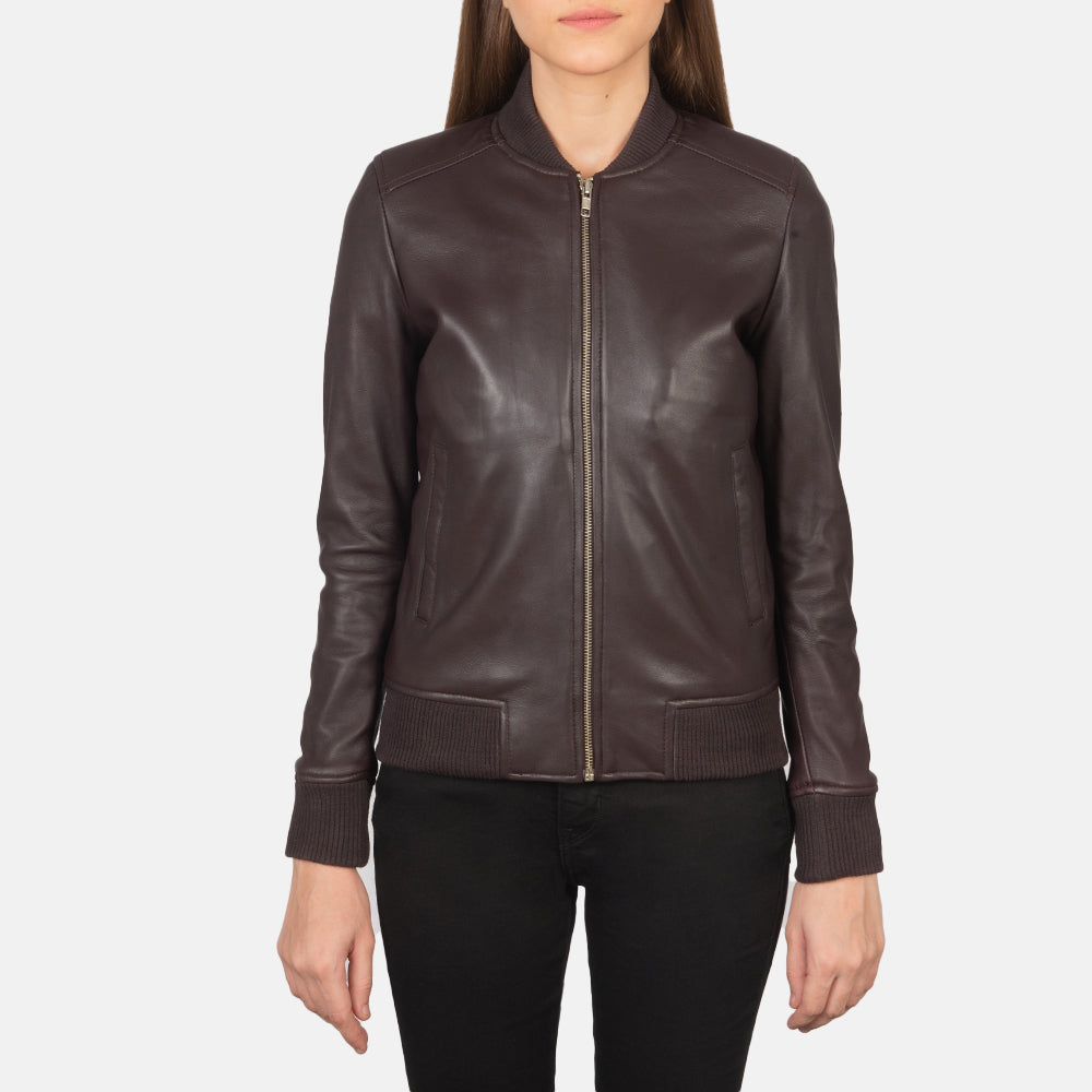 
Close-Up Detail of Varsity - Rib Knit & Zipper with Wind Flap Hardware on Women's Bliss Maroon Leather Bomber Jacket