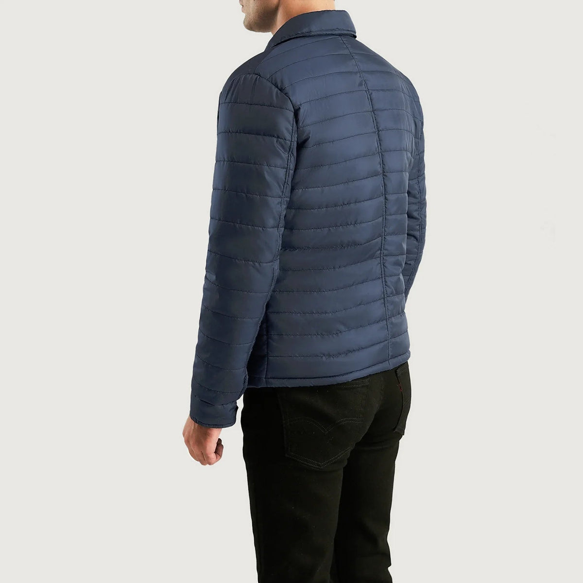 
Close-Up Detail of High neck & Button Hardware on Men's Bo Quilt Windbreaker Jacket