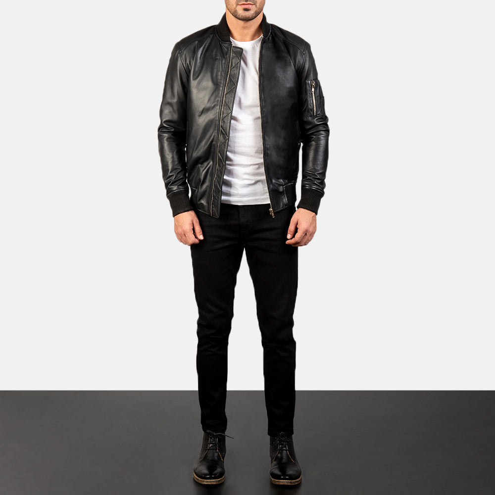 
Men's Bomia Ma-1 Black Leather Bomber Jacket - Lateral Side Profile View Showing Sleeve Cut & Athletic Taper Fit